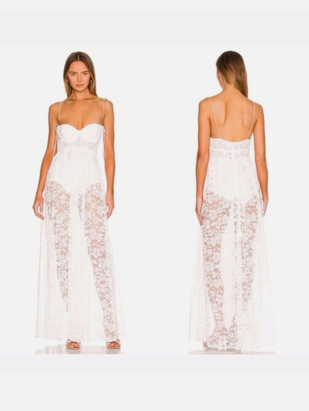 For Love & Lemons White Lace Sheer Maxi Slip Dress
